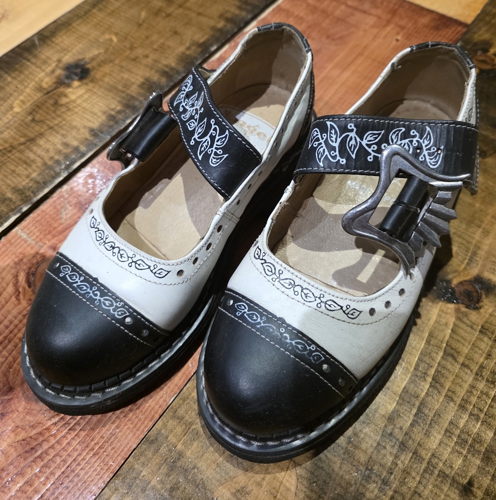 John Fluevog Black and White Flats with Buckle Detail